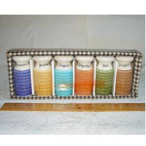 Vtg Colorful Spice SHAKER SET, MIB Japan, Salt Pepper Nutmeg Allspice Paprika